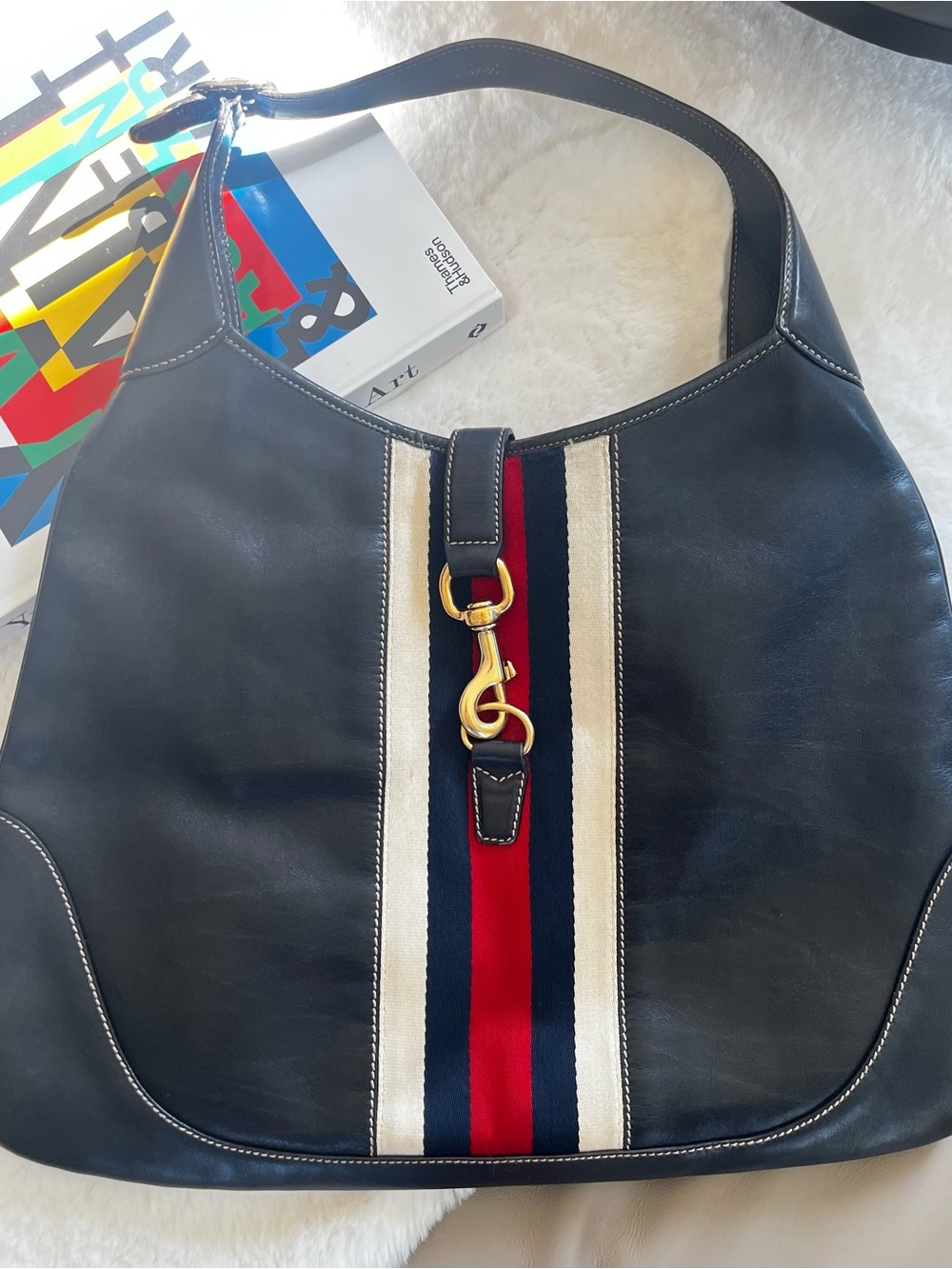 Authentic GUCCI Black Leather Vintage Web Stripe Jackie Hobo Bag